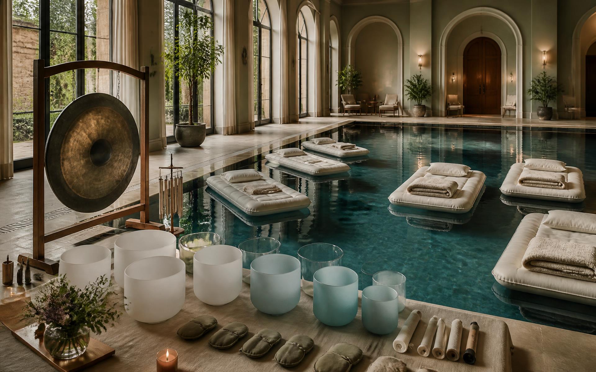 A luxurious indoor swimming pool set for a floating sound bath with air beds, a bronze gong and crystal singing bowls at the water's edge