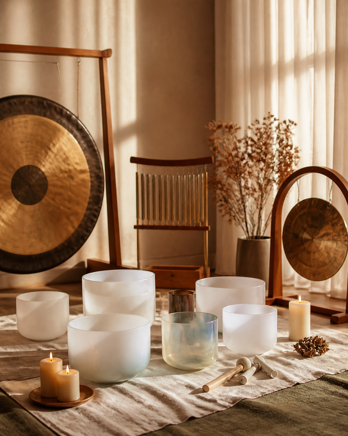 Sound bath setup with crystal singing bowls, a gong, chimes and blankets arranged beside still water for a floating sound healing session