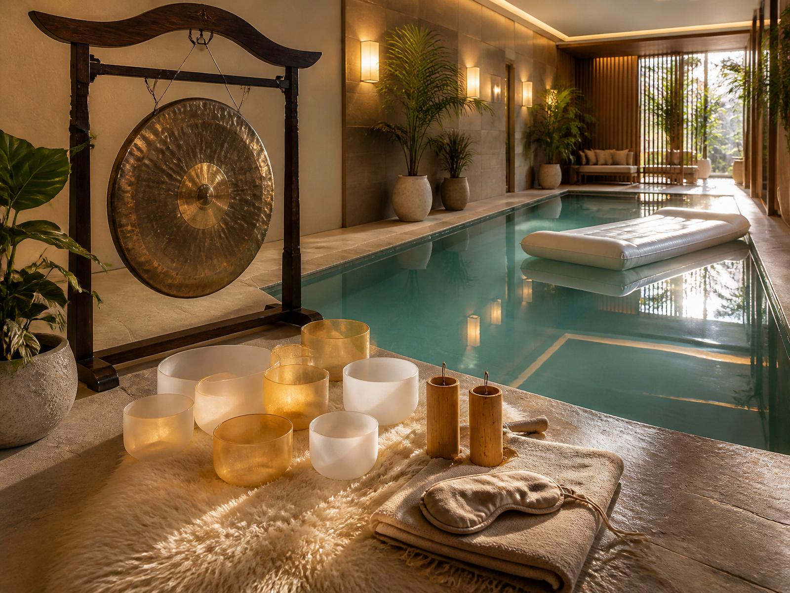 A softly lit indoor pool set with a large gong and crystal singing bowls