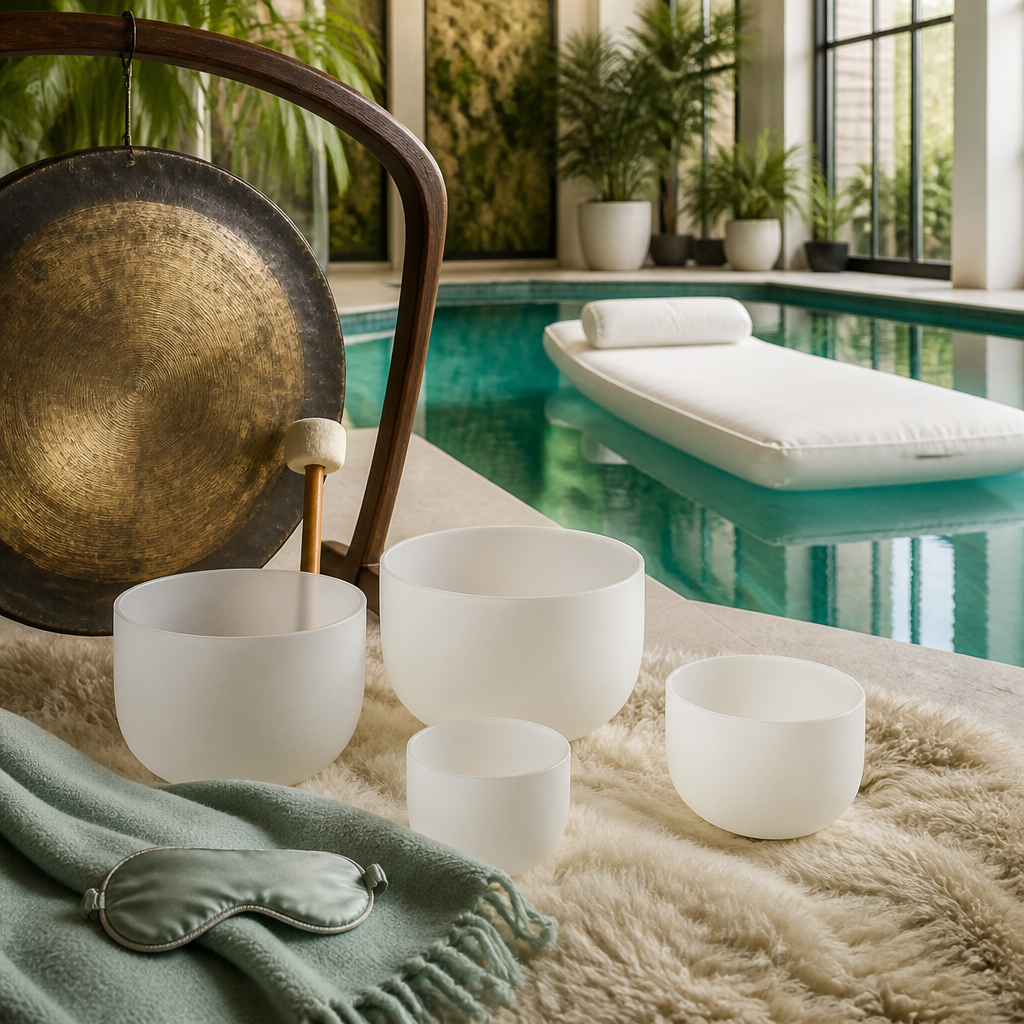 A gong, crystal singing bowls and a floating air bed beside a calm indoor pool