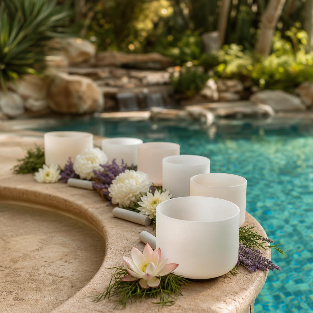 Frosted crystal singing bowls beside a pool