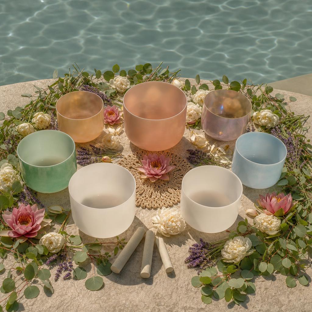 Overhead of crystal singing bowls arranged in a circle